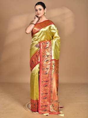 pink banarasi silk blend saree with blouse piece 3