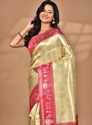 beige silk blend saree with blouse piece 1