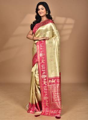 beige silk blend saree with blouse piece 3