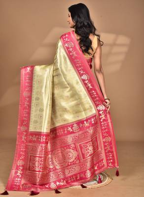 beige silk blend saree with blouse piece 4