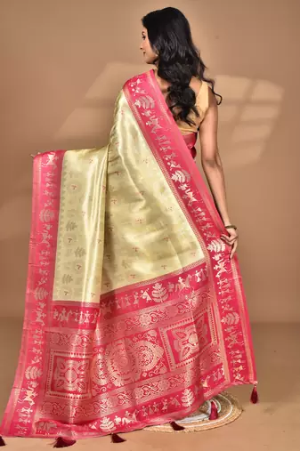 beige silk blend saree with blouse piece
