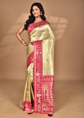 beige silk blend saree with blouse piece 5