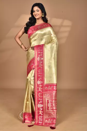 beige silk blend saree with blouse piece