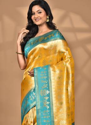 yellow two dye silk blend saree with blouse piece 1