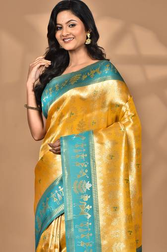 yellow two dye silk blend saree with blouse piece