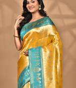 yellow two dye silk blend saree with blouse piece