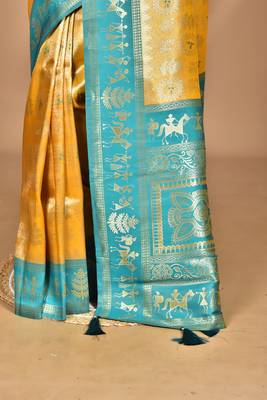 yellow two dye silk blend saree with blouse piece 2
