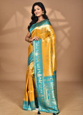 yellow two dye silk blend saree with blouse piece 3