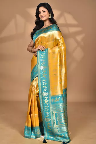 yellow two dye silk blend saree with blouse piece