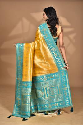 yellow two dye silk blend saree with blouse piece 4