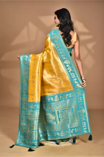 yellow two dye silk blend saree with blouse piece