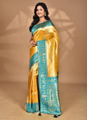 yellow two dye silk blend saree with blouse piece 5