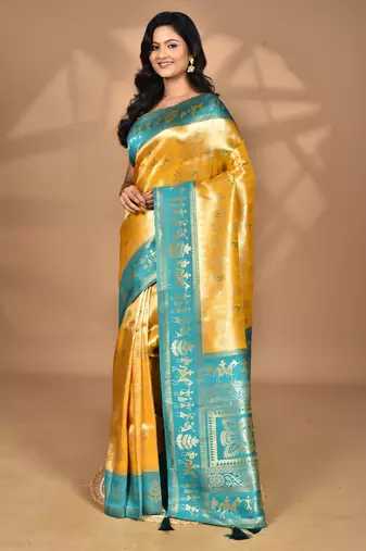 yellow two dye silk blend saree with blouse piece