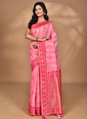 pink kashmiri silk linen saree with blouse piece 1