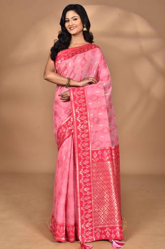 pink kashmiri silk linen saree with blouse piece