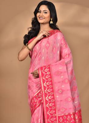 pink kashmiri silk linen saree with blouse piece 2