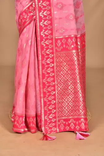 pink kashmiri silk linen saree with blouse piece