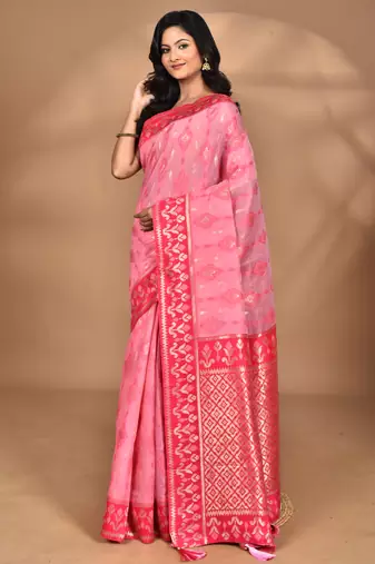 pink kashmiri silk linen saree with blouse piece