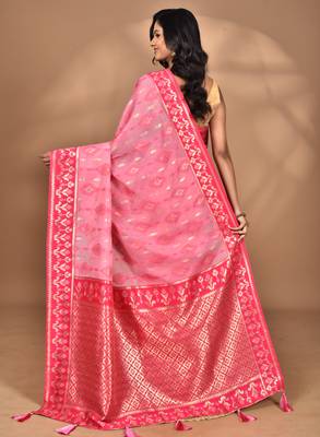 pink kashmiri silk linen saree with blouse piece 5