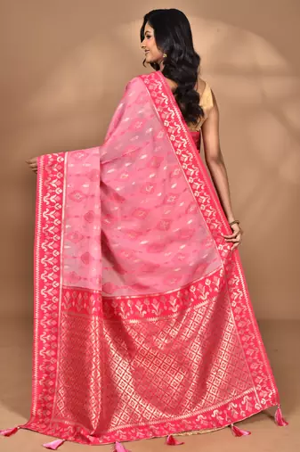 pink kashmiri silk linen saree with blouse piece