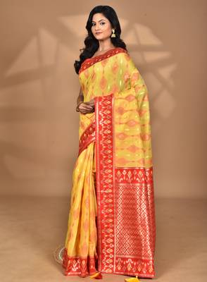 yellow kashmiri silk linen saree with blouse piece 1
