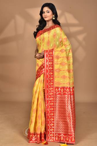 yellow kashmiri silk linen saree with blouse piece