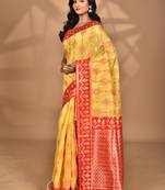 yellow kashmiri silk linen saree with blouse piece
