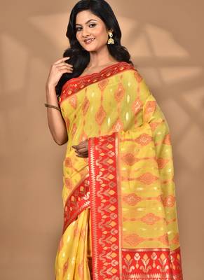 yellow kashmiri silk linen saree with blouse piece 2