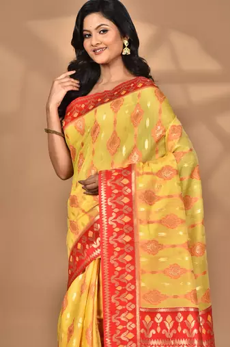 yellow kashmiri silk linen saree with blouse piece
