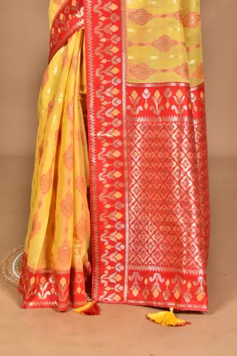 yellow kashmiri silk linen saree with blouse piece