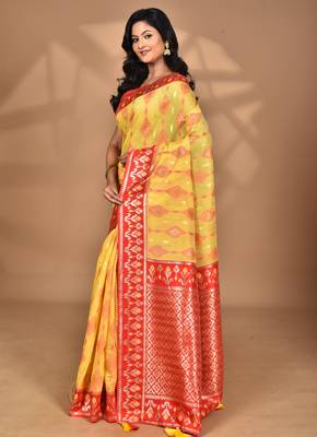 yellow kashmiri silk linen saree with blouse piece 4