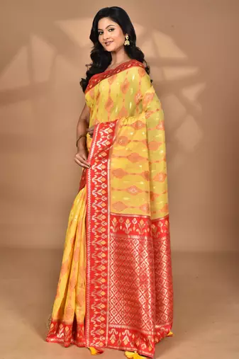 yellow kashmiri silk linen saree with blouse piece