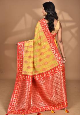 yellow kashmiri silk linen saree with blouse piece 5