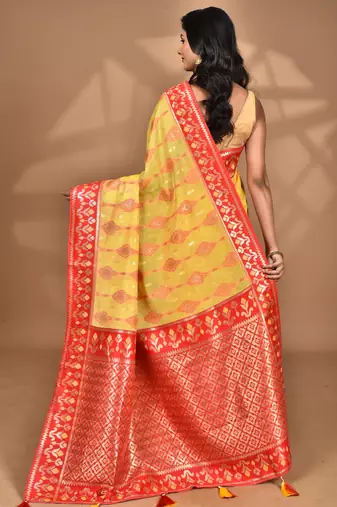 yellow kashmiri silk linen saree with blouse piece