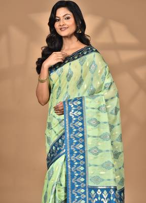 light green kashmiri silk linen saree with blouse piece 1