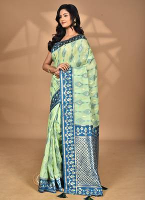 light green kashmiri silk linen saree with blouse piece 3