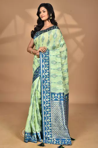 light green kashmiri silk linen saree with blouse piece