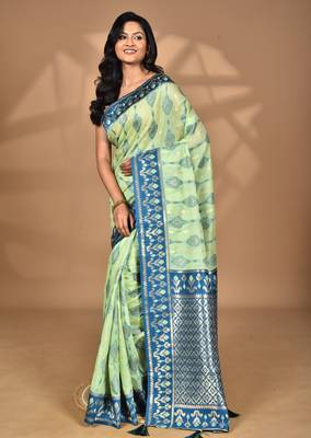 light green kashmiri silk linen saree with blouse piece 5