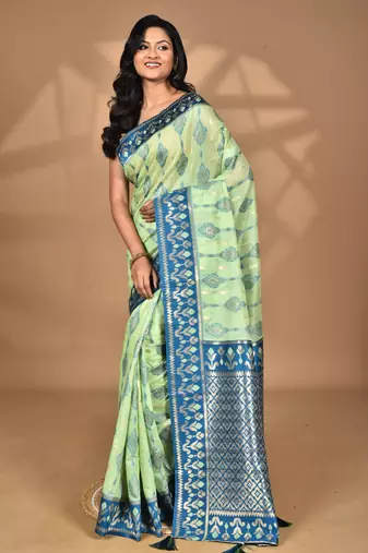 light green kashmiri silk linen saree with blouse piece