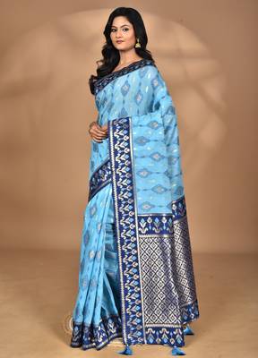 blue kashmiri silk linen saree with blouse piece 1