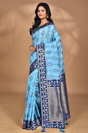 blue kashmiri silk linen saree with blouse piece