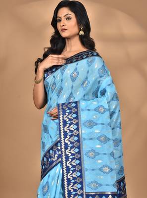 blue kashmiri silk linen saree with blouse piece 2