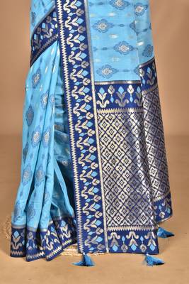 blue kashmiri silk linen saree with blouse piece 3
