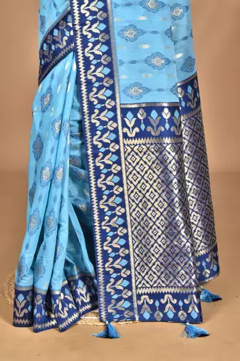 blue kashmiri silk linen saree with blouse piece