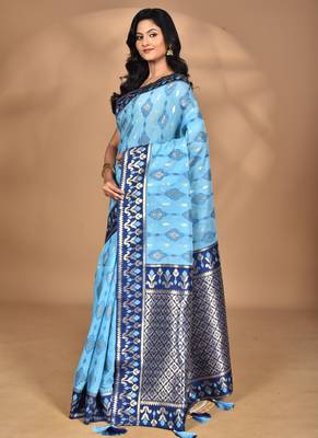 blue kashmiri silk linen saree with blouse piece 4
