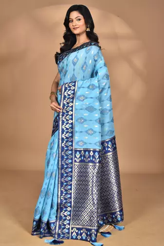 blue kashmiri silk linen saree with blouse piece