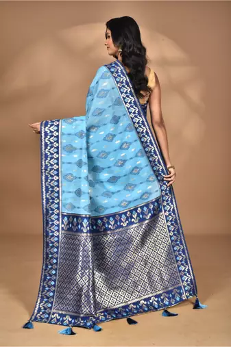 blue kashmiri silk linen saree with blouse piece