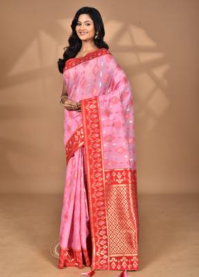 pink kashmiri silk linen saree with blouse piece 1