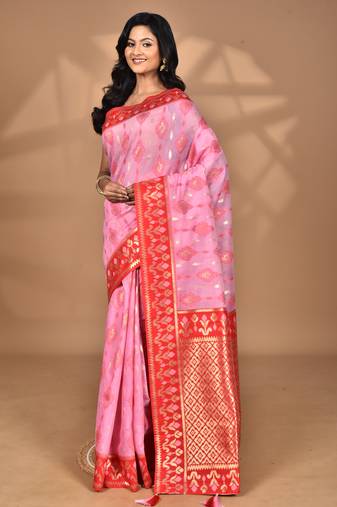 pink kashmiri silk linen saree with blouse piece