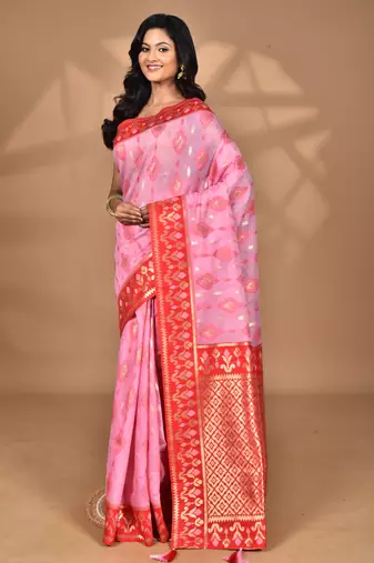 pink kashmiri silk linen saree with blouse piece